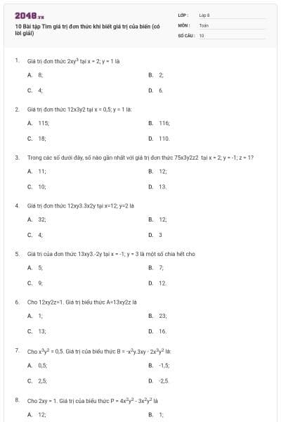 10 Bài tập Tìm giá trị đơn thức khi biết giá trị của biến (có lời giải)