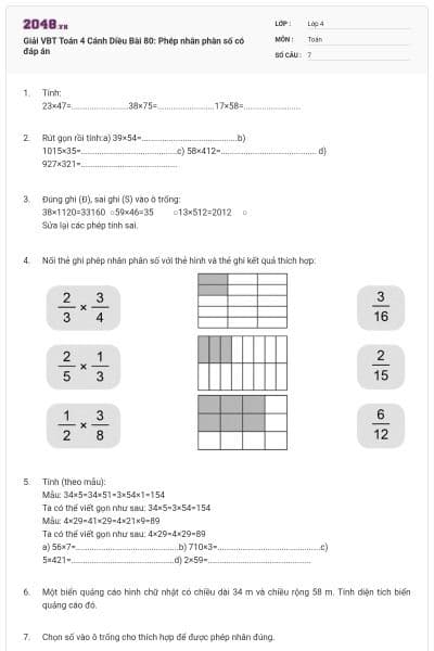 Giải VBT Toán 4 Cánh Diều Bài 80: Phép nhân phân số có đáp án