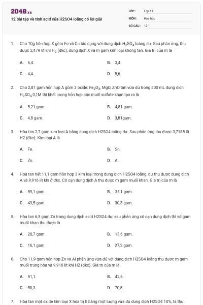 12 bài tập về tính acid của H2SO4 loãng có lời giải