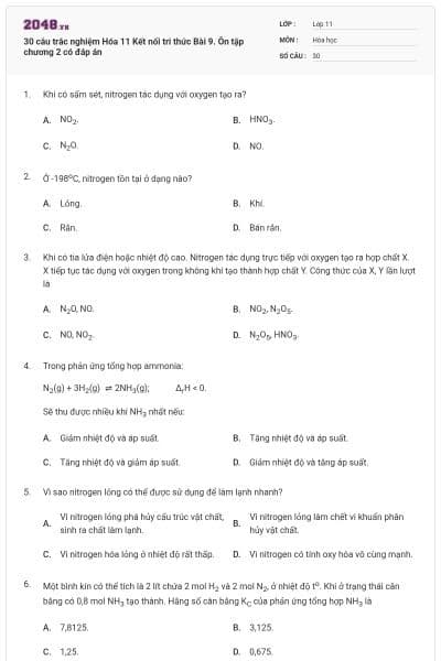 30 câu trắc nghiệm Hóa 11 Kết nối tri thức Bài 9. Ôn tập chương 2 có đáp án