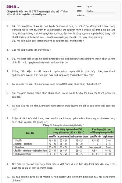 Chuyên đề Hóa học 11 CTST Nguồn gốc dầu mỏ - Thành phần và phân loại dầu mỏ có đáp án