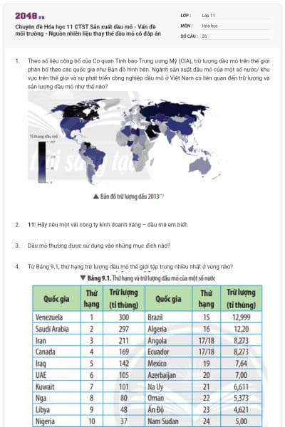 Chuyên đề Hóa học 11 CTST Sản xuất dầu mỏ - Vấn đề môi trường - Nguồn nhiên liệu thay thế dầu mỏ có đáp án