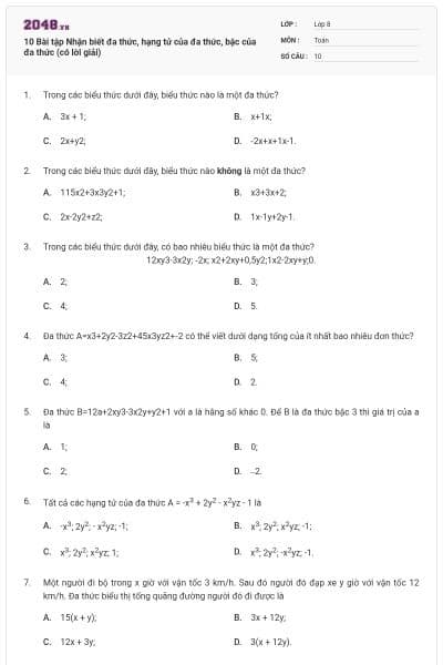 10 Bài tập Nhận biết đa thức, hạng tử của đa thức, bậc của đa thức (có lời giải)