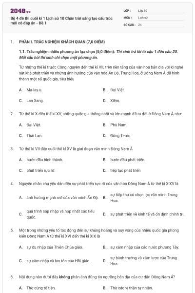 Bộ 4 đề thi cuối kì 1 Lịch sử 10 Chân trời sáng tạo cấu trúc mới có đáp án - Đề 1