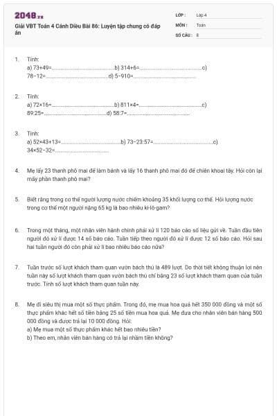 Giải VBT Toán 4 Cánh Diều Bài 86: Luyện tập chung có đáp án