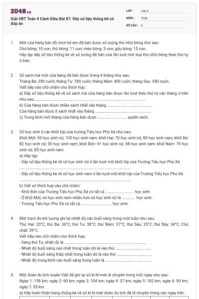 Giải VBT Toán 4 Cánh Diều Bài 87: Dãy số liệu thống kê có đáp án