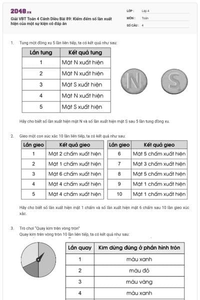 Giải VBT Toán 4 Cánh Diều Bài 89: Kiểm đếm số lần xuất hiện của một sự kiện có đáp án