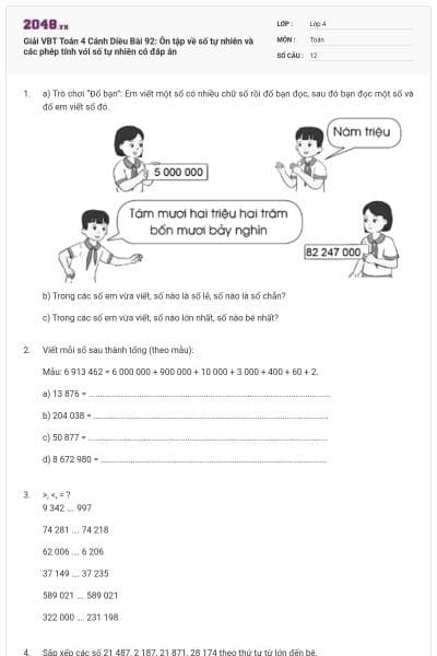 Giải VBT Toán 4 Cánh Diều Bài 92: Ôn tập về số tự nhiên và các phép tính với số tự nhiên có đáp án