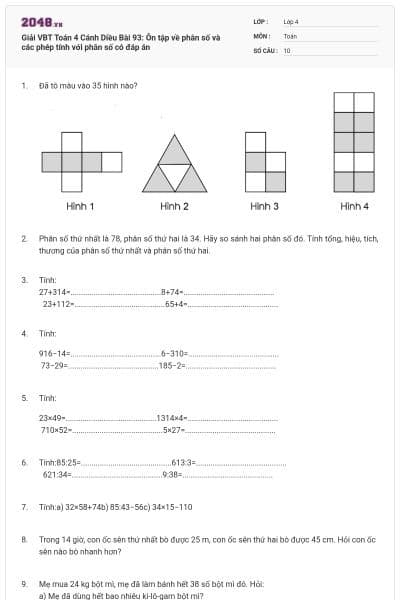 Giải VBT Toán 4 Cánh Diều Bài 93: Ôn tập về phân số và các phép tính với phân số có đáp án