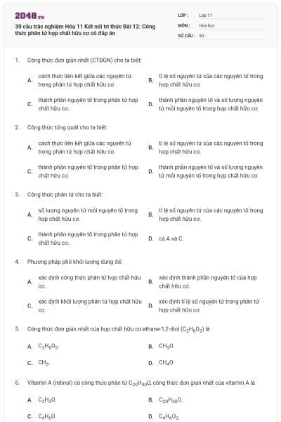 30 câu trắc nghiệm Hóa 11 Kết nối tri thức Bài 12: Công thức phân tử hợp chất hữu cơ có đáp án