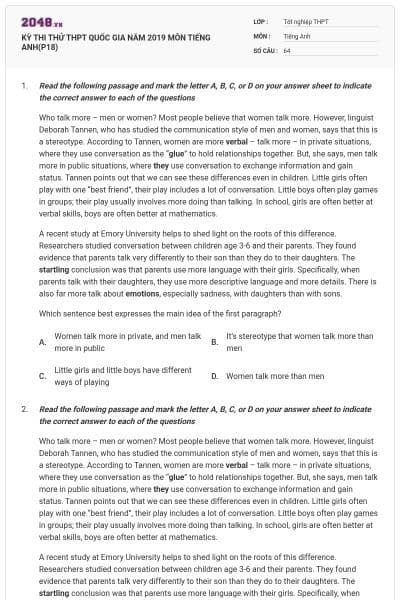 KỲ THI THỬ THPT QUỐC GIA NĂM 2019 MÔN TIẾNG ANH(P18)