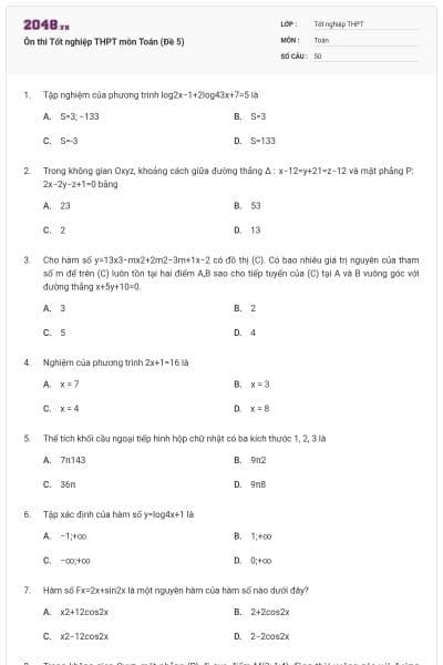Ôn thi Tốt nghiệp THPT môn Toán (Đề 5)