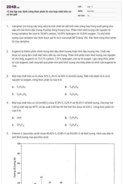 12 bài tập xác định công thức phân tử của hợp chất hữu cơ có lời giải