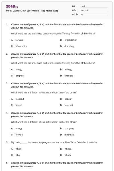 Ôn thi Cấp tốc 789+ vào 10 môn Tiếng Anh (đề 23)