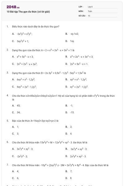 10 Bài tập Thu gọn đa thức (có lời giải)