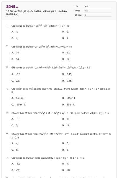 10 Bài tập Tính giá trị của đa thức khi biết giá trị của biến (có lời giải)