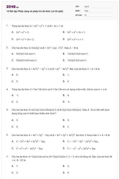 10 Bài tập Phép cộng và phép trừ đa thức (có lời giải)