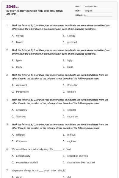 KỲ THI THỬ THPT QUỐC GIA NĂM 2019 MÔN TIẾNG ANH(P19)
