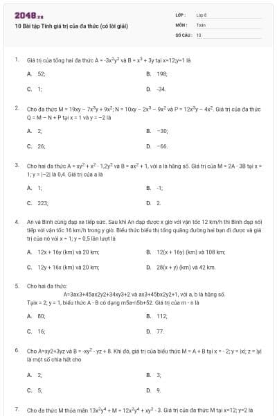10 Bài tập Tính giá trị của đa thức (có lời giải)