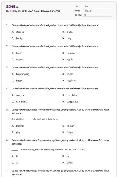 Ôn thi Cấp tốc 789+ vào 10 môn Tiếng Anh (đề 26)