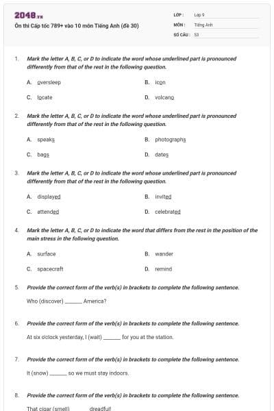 Ôn thi Cấp tốc 789+ vào 10 môn Tiếng Anh (đề 30)