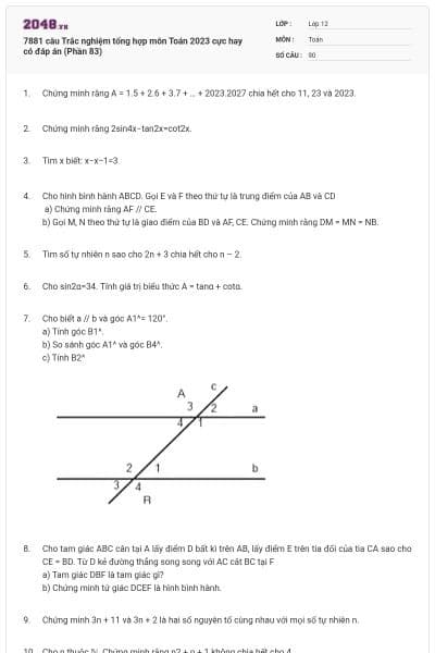 7881 câu Trắc nghiệm tổng hợp môn Toán 2023 cực hay có đáp án (Phần 83)