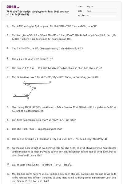 7881 câu Trắc nghiệm tổng hợp môn Toán 2023 cực hay có đáp án (Phần 84)