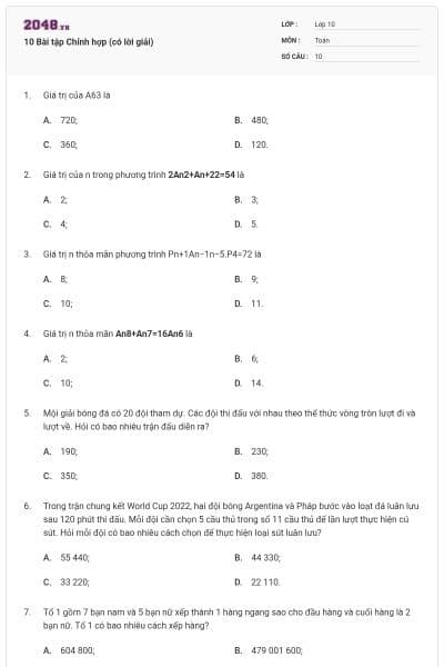 10 Bài tập Chỉnh hợp (có lời giải)