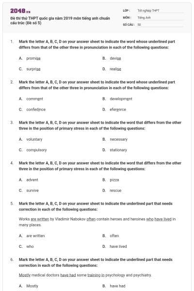 Đề thi thử THPT quốc gia năm 2019 môn tiếng anh chuẩn cấu trúc (Đề số 5)