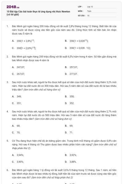 10 Bài tập Các bài toán thực tế ứng dụng nhị thức Newton (có lời giải)