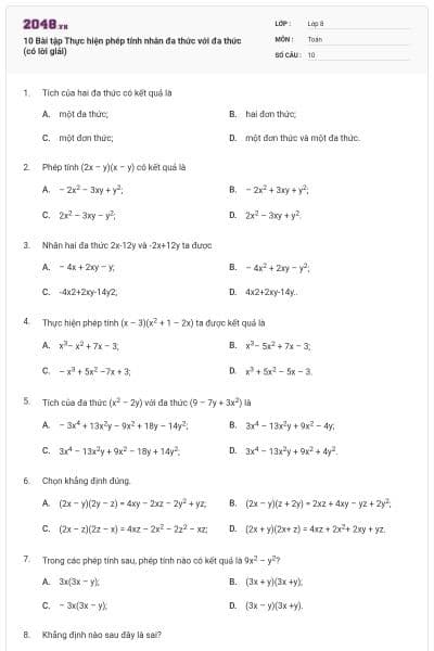 10 Bài tập Thực hiện phép tính nhân đa thức với đa thức (có lời giải)