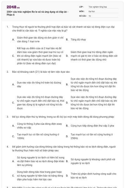 200+ câu trắc nghiệm Rơ le số và ứng dụng có đáp án - Phần 6