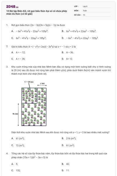 10 Bài tập Biến đổi, rút gọn biểu thức đại số có chứa phép nhân đa thức (có lời giải)