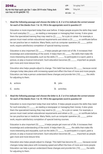 Kỳ thi thử thpt quốc gia lần 1 năm 2019 môn Tiếng Anh cực hay có lời giải(Đề 12)