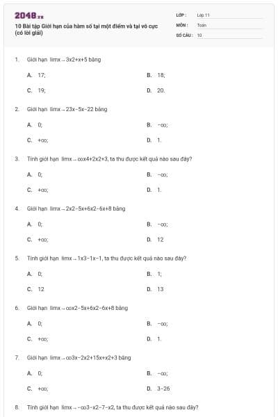 10 Bài tập Giới hạn của hàm số tại một điểm và tại vô cực (có lời giải)