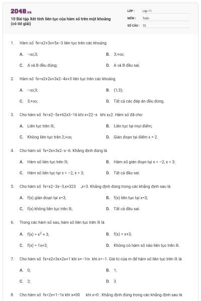 10 Bài tập Xét tính liên tục của hàm số trên một khoảng (có lời giải)