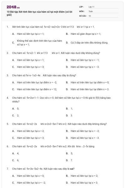 10 Bài tập Xét tính liên tục của hàm số tại một điểm (có lời giải)