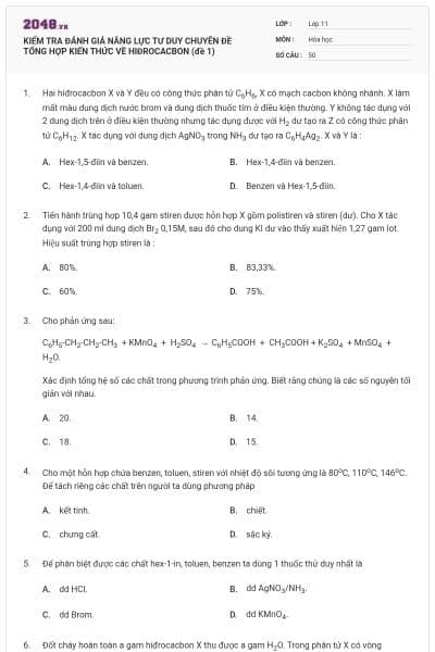 KIỂM TRA ĐÁNH GIÁ NĂNG LỰC TƯ DUY CHUYÊN ĐỀ TỔNG HỢP KIẾN THỨC VỀ HIĐROCACBON (đề 1)