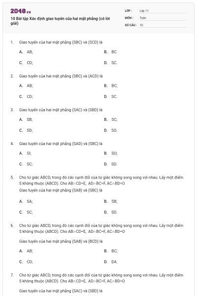 10 Bài tập Xác định giao tuyến của hai mặt phẳng (có lời giải)