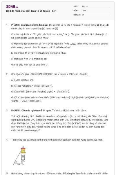 Bộ 3 đề KSCL đầu năm Toán 10 có đáp án - Đề 1