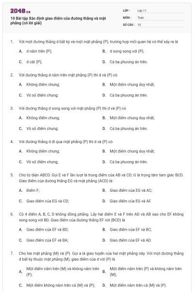 10 Bài tập Xác định giao điểm của đường thẳng và mặt phẳng (có lời giải)