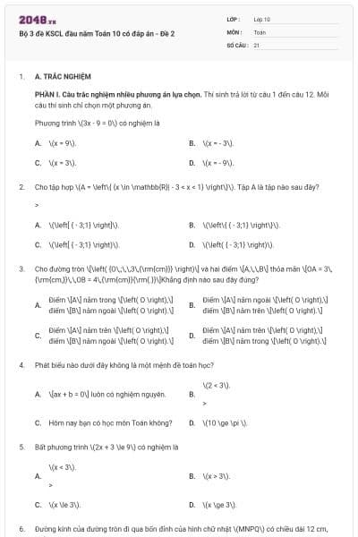 Bộ 3 đề KSCL đầu năm Toán 10 có đáp án - Đề 2