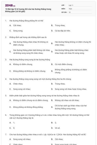 10 Bài tập Vị trí tương đối của hai đường thẳng trong không gian (có lời giải)