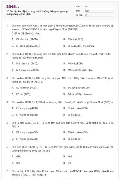 10 Bài tập Xác định, chứng minh đường thẳng song song mặt phẳng (có lời giải)