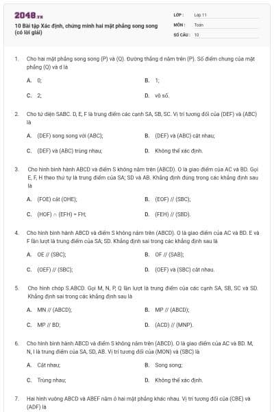 10 Bài tập Xác định, chứng minh hai mặt phẳng song song (có lời giải)