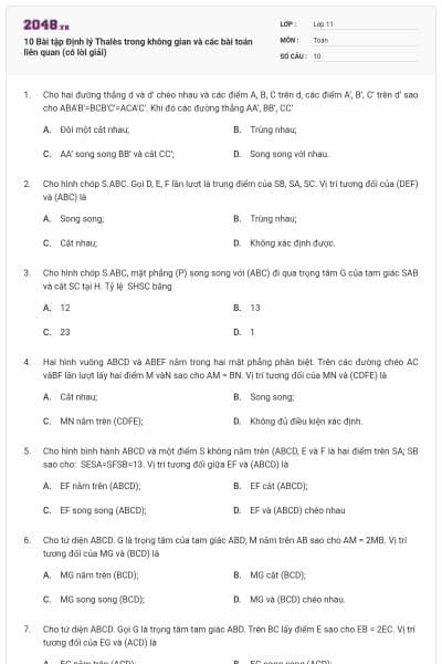 10 Bài tập Định lý Thalès trong không gian và các bài toán liên quan (có lời giải)