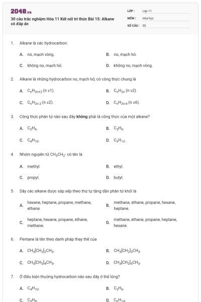 30 câu trắc nghiệm Hóa 11 Kết nối tri thức Bài 15: Alkane có đáp án