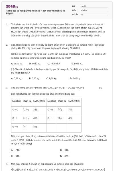 12 bài tập về năng lượng hóa học – đốt cháy nhiên liệu có lời giải
