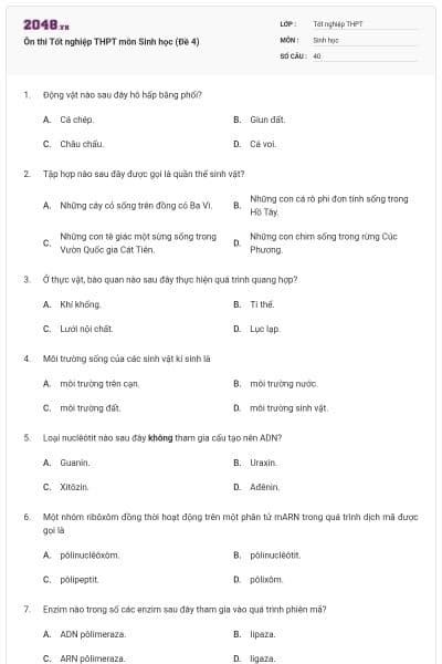 Ôn thi Tốt nghiệp THPT môn Sinh học (Đề 4)