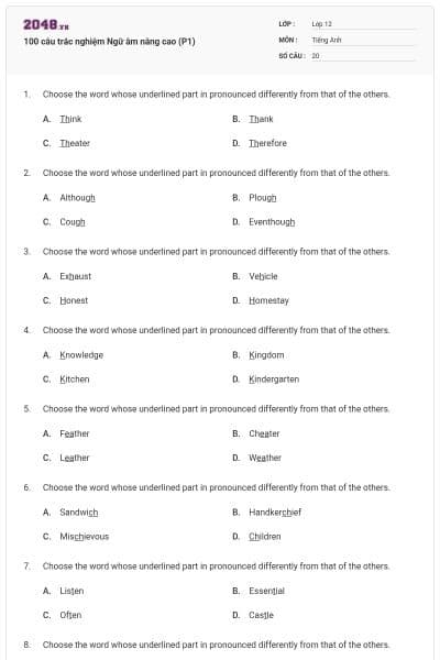 100 câu trắc nghiệm Ngữ âm nâng cao (P1)
